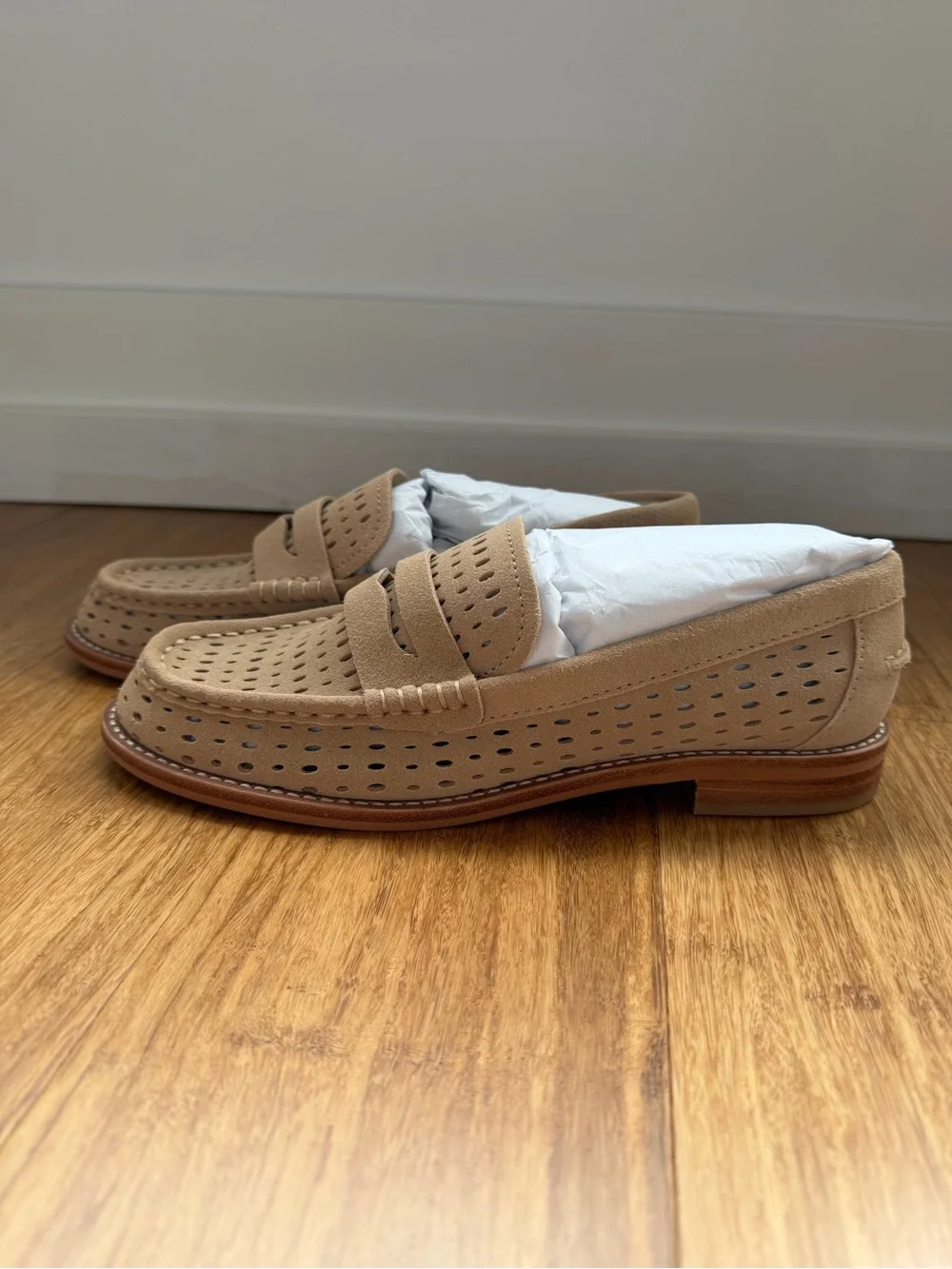Dolce Vita Women’s Beige Perforated Suede Penny Loafers - Picture 3 of 6